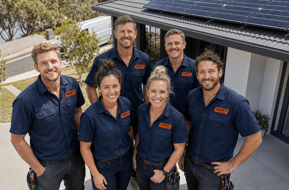 The Sunny Renewables team standing in front of a home with rooftop solar